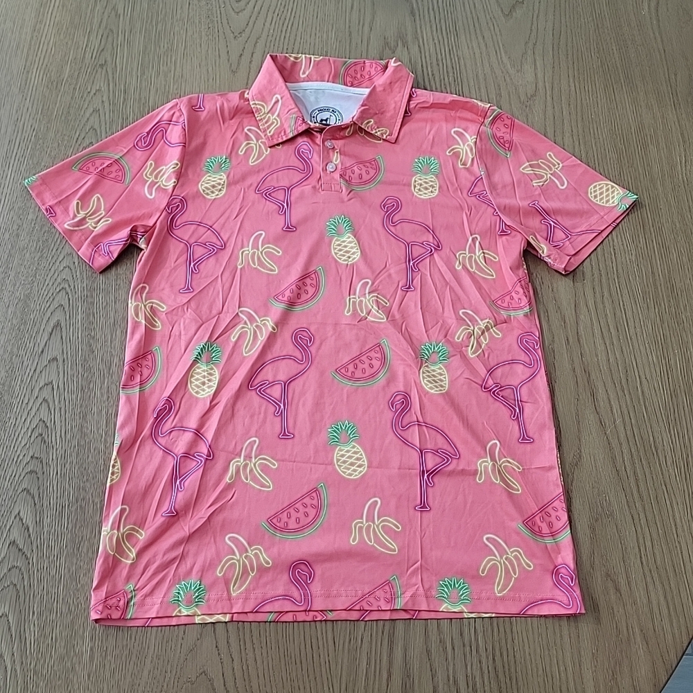 Proud 90 Golf Polo Shirt Mens Small Pink Neon Tropical Flamingos Colorful Fruit